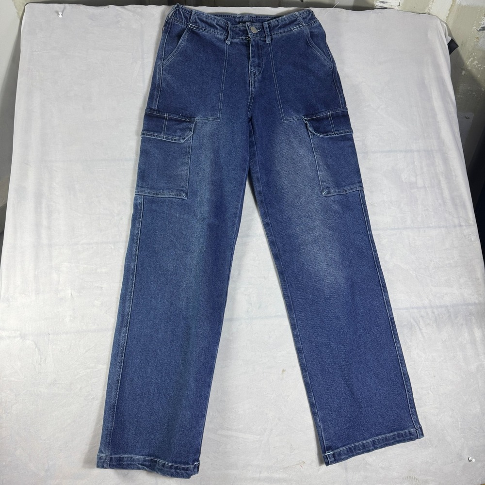 NWT True‎ Religion Womens Cargo Jeans Blue Denim Straight Leg 6-Pockets 26
